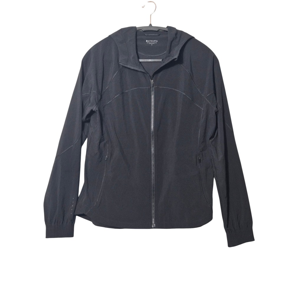 Athleta Run Free Hooded Jacket Black S Packable Front Zip Sporty Athleisure